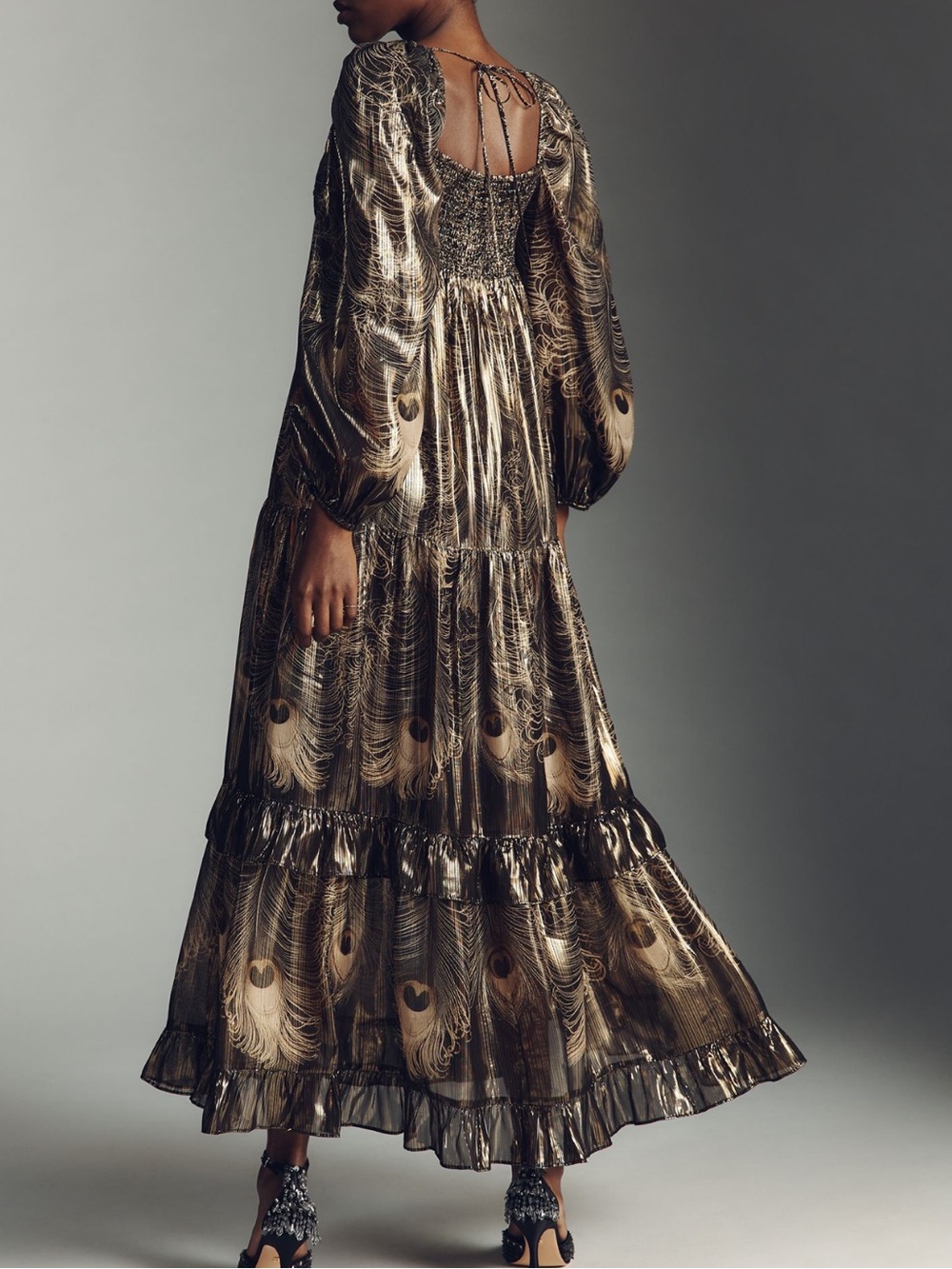 🦚Anthropologie Long Sleeve Metallic Midi Dress Babydoll New XL Black Gold